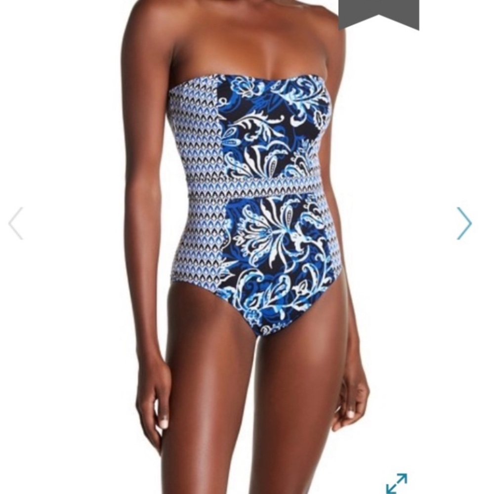 Tommy Bahama Blue and White Strapless Printed One-Piece